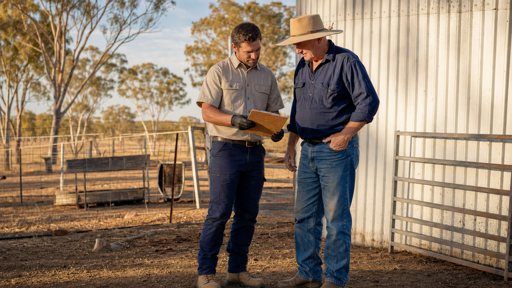 Outland pest technician reviewing an inspection plan with a rural property owner beside a corrugated shed near St George