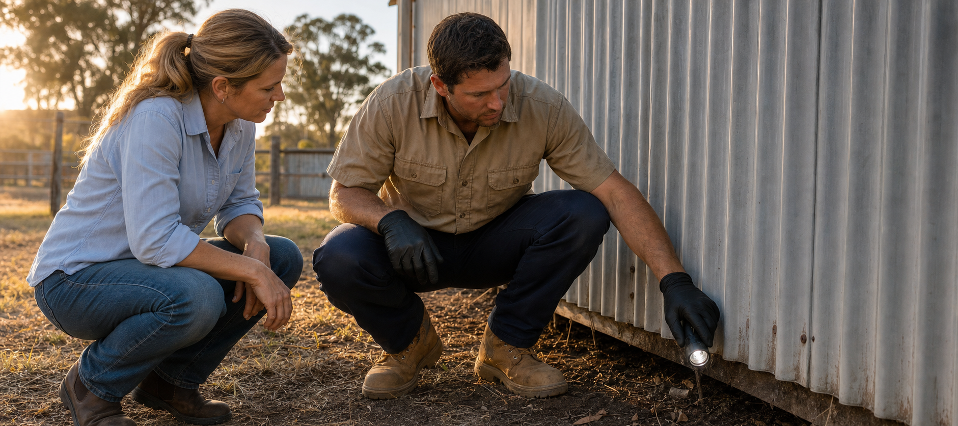 Outland pest technician and rural property owner inspecting the base of a corrugated shed near St George